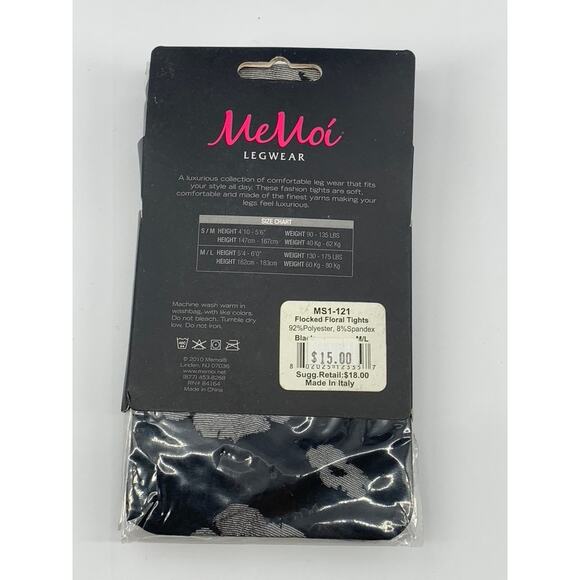 MEMOI Women's Black Floral Flocked Knit Pull-On Tights SZ M/L - Picture 3 of 8